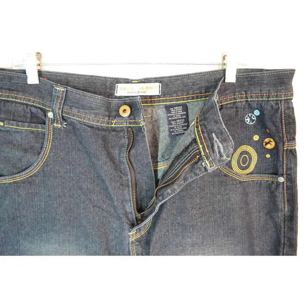 Paco Jeans Men's 38x32 Dark Wash Graphic Print Baggy Y2K Skater Jeans